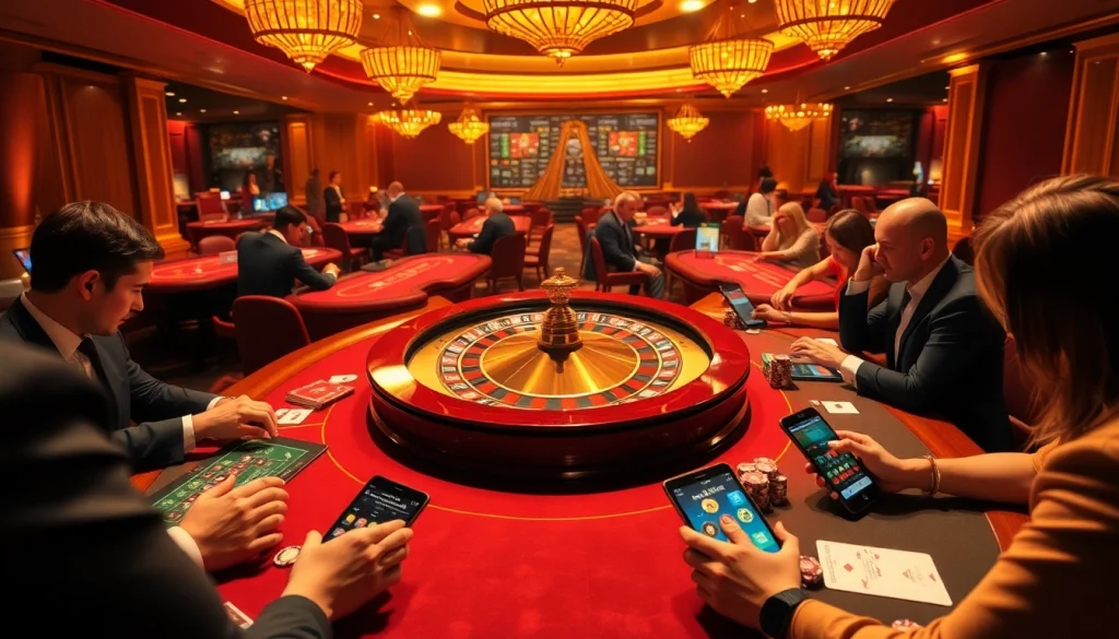 Players enjoying a thrilling game night at af88 casino with a beautifully lit roulette wheel.
