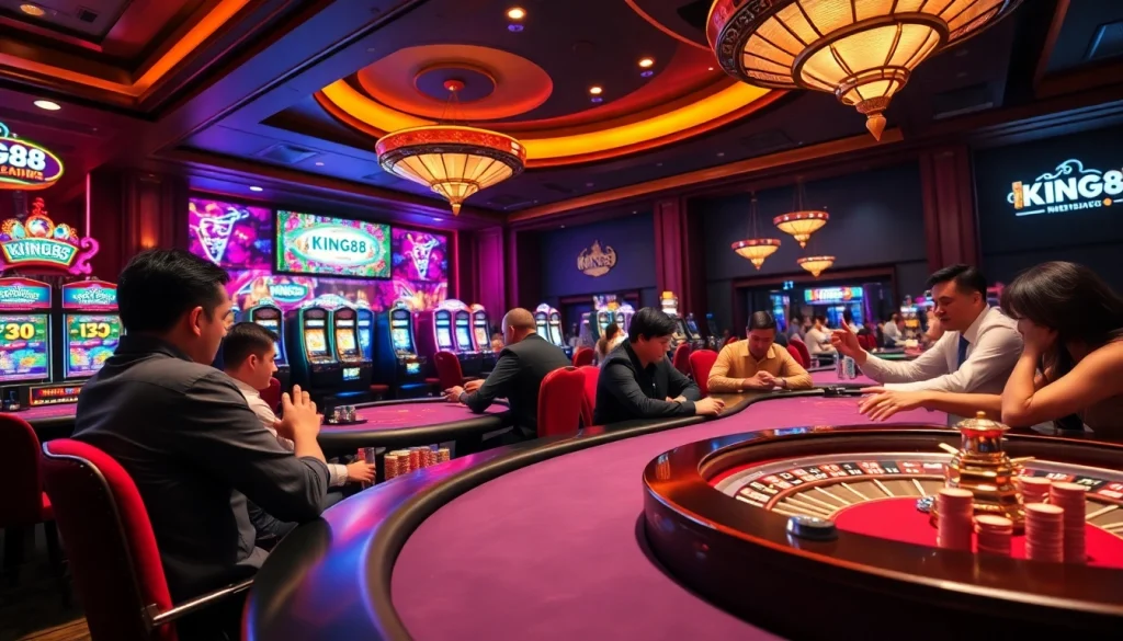 Engaging scene of gamers at KING88 poker tables filled with excitement and thrill in a luxurious casino setting.