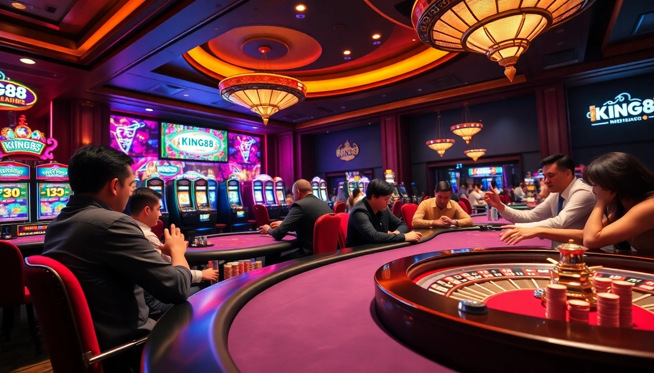 Engaging scene of gamers at KING88 poker tables filled with excitement and thrill in a luxurious casino setting.