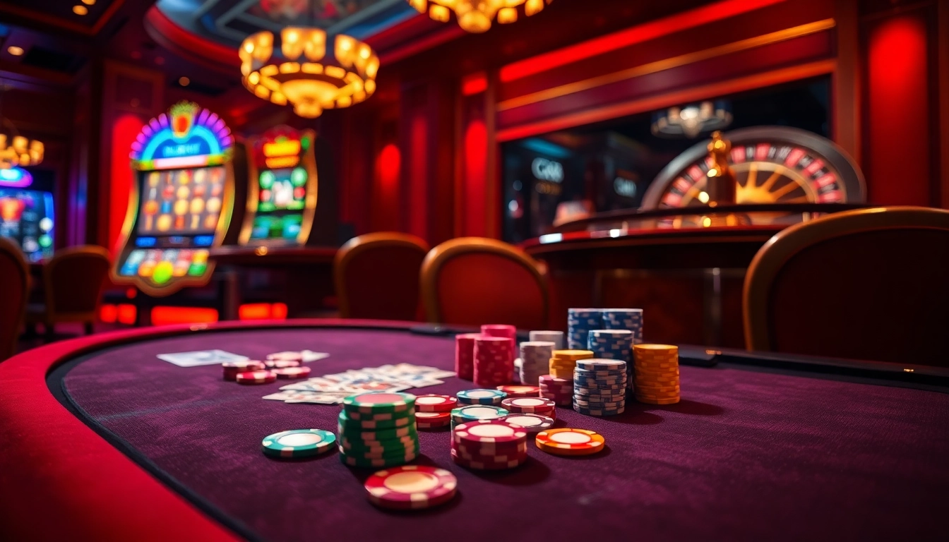 Experience the excitement of GG88 with vibrant casino visuals capturing poker and slot games.