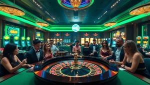Players celebrate wins at a vibrant casino featuring ABC8 branding and lively gaming tables.