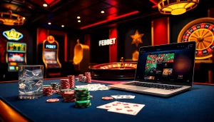 FEBET online betting platform showcased in an elegant casino scene with poker chips and cards.