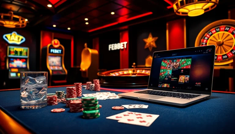 FEBET online betting platform showcased in an elegant casino scene with poker chips and cards.