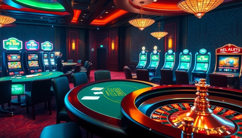 Exciting gambling action at PS 99's elegant casino with poker, roulette, and slot machines.