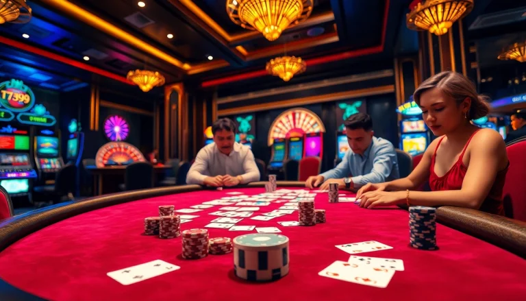 Engage in thrilling gameplay at trang chủ DF999 with a vibrant casino scene featuring poker and roulette.