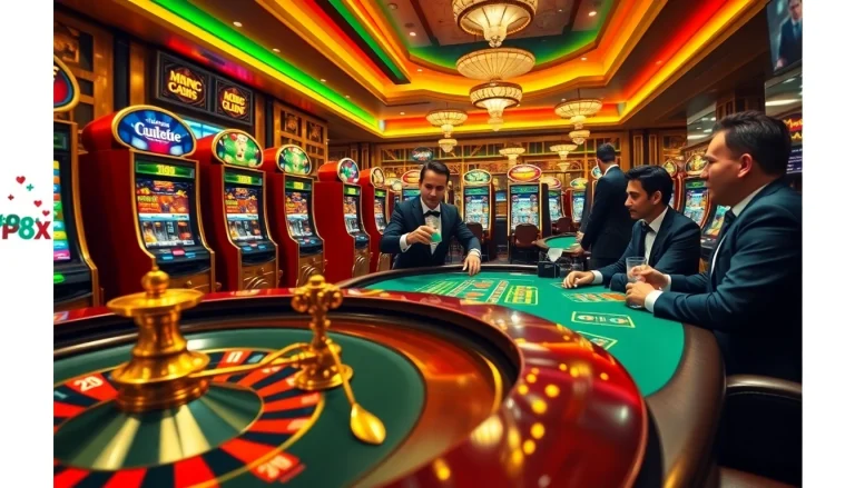 #98win engaging players at a lively casino table featuring roulette, poker, and vibrant slot machines.