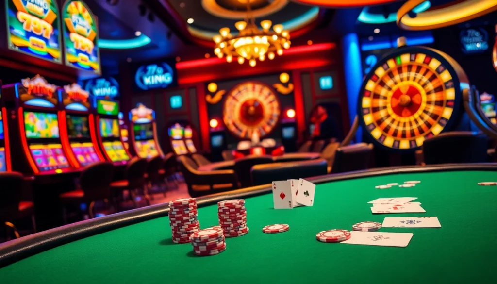 Casino atmosphere showcasing 79KING poker, chips, and vibrant slot machines for a thrilling experience