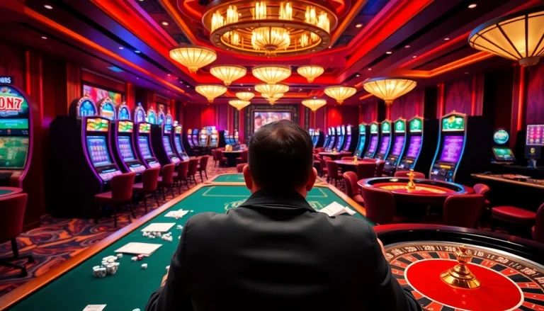 Experience high-stakes excitement at 789bet's luxurious online casino featuring vibrant tables and slot machines.