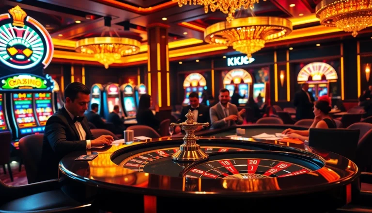 KJC branding shines in a vibrant casino scene with a poker table, roulette wheel, and slot machines.