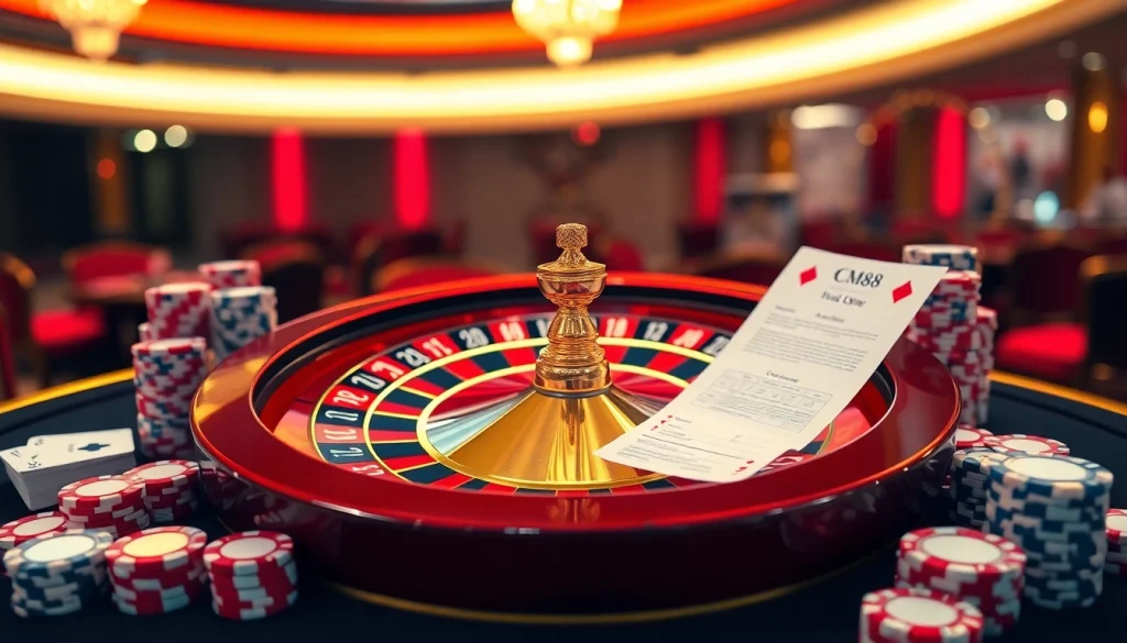 Engage in thrilling casino action featuring CM88 amidst vibrant roulette and poker elements.