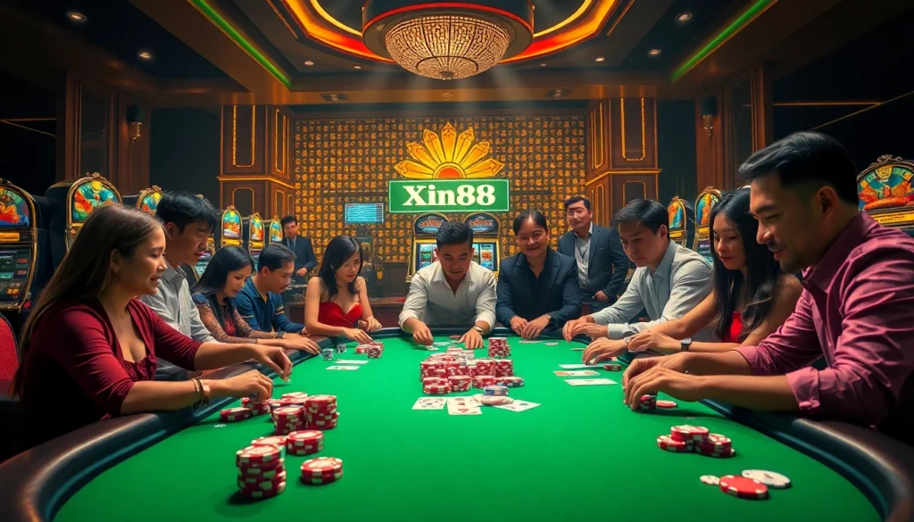 Engaging gameplay at nhà cái xin88 casino featuring vibrant poker chips and cards.