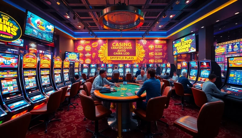 Nohu90 gaming platform showcasing vibrant slot machines and live dealers in a thrilling online casino environment.