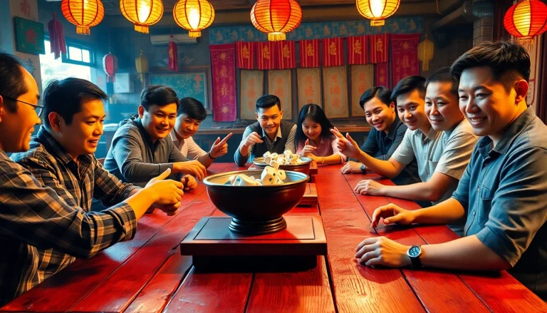 Players engaged in an exciting game of xóc đĩa, showcasing vibrant cultural elements and traditional elements in a warm atmosphere.