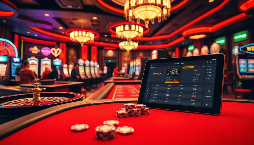 Gamblers at a luxurious casino table enjoying games with Win55 in the background.