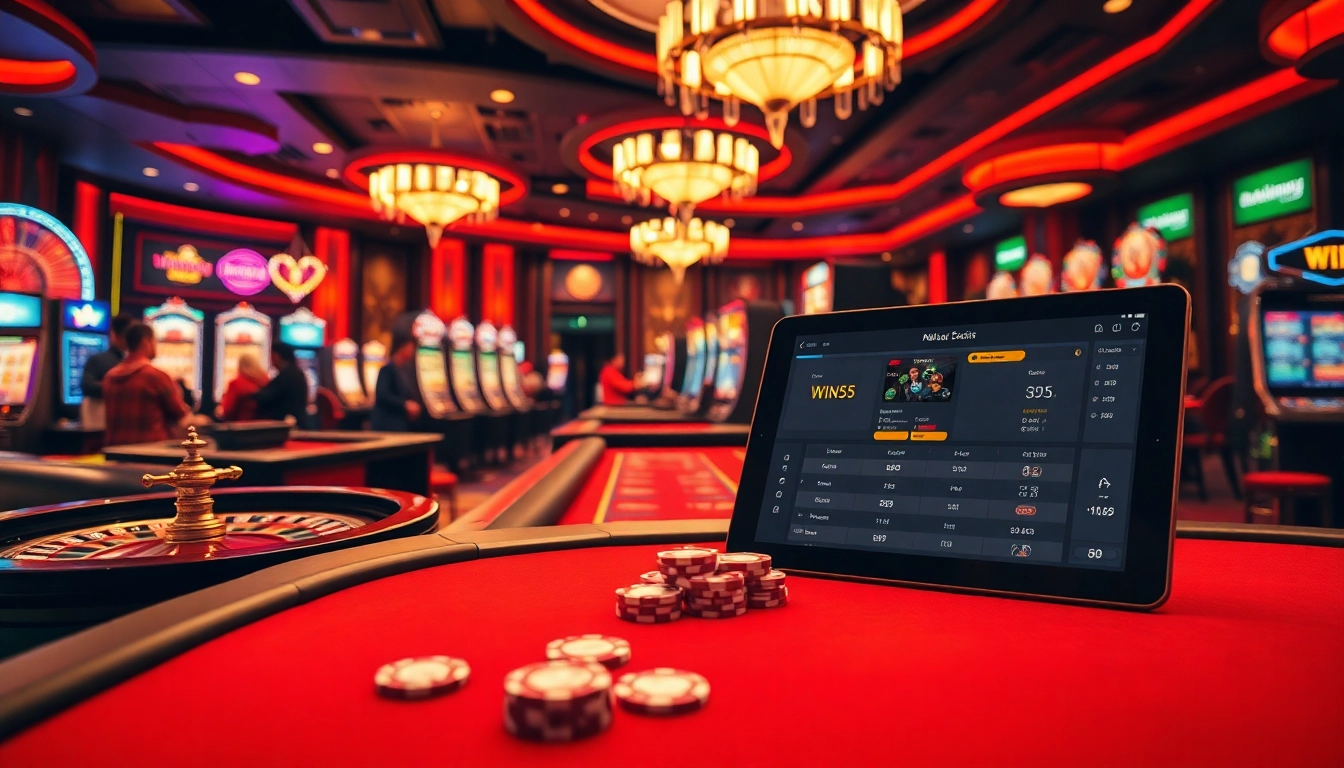 Gamblers at a luxurious casino table enjoying games with Win55 in the background.