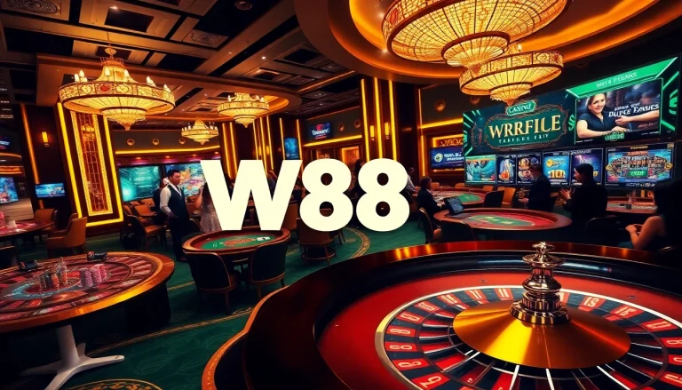 Exciting W88 online casino scene with poker tables, roulette wheels, and glamorous gaming atmosphere.