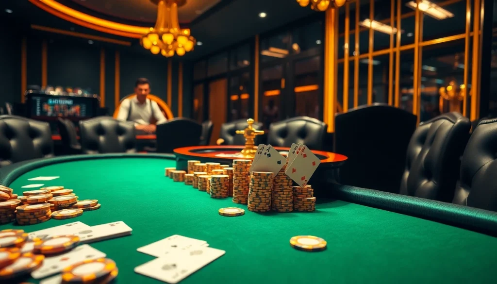 KJC poker table surrounded by eager players engaging in high-stakes gambling excitement.