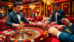 Players enjoying high-stakes action at 58win's luxurious casino roulette table.