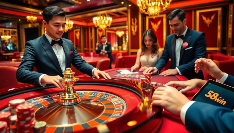 Players enjoying high-stakes action at 58win's luxurious casino roulette table.