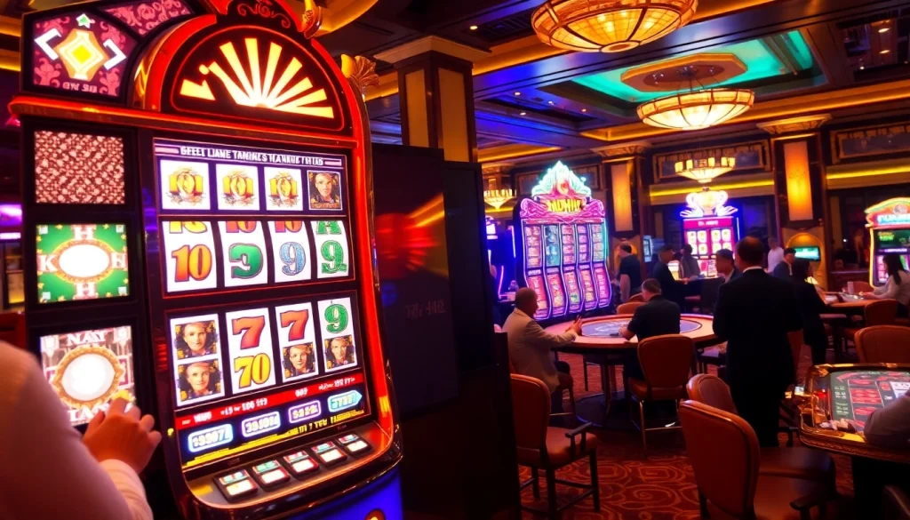 Players enjoying the thrill of the Nổ Hũ slot machine in a luxurious casino setting.