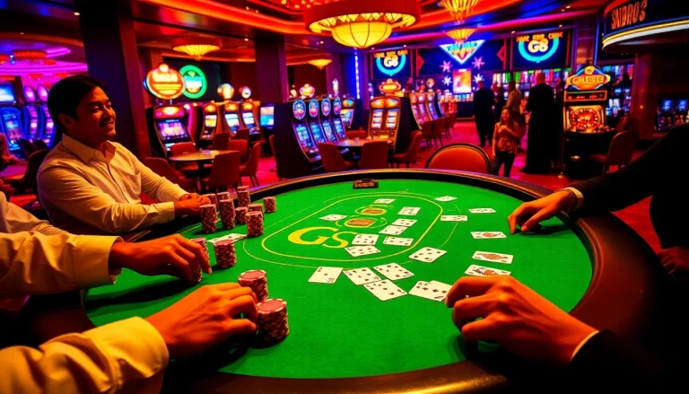 Exciting GG88 poker game at a luxurious casino table, showcasing vibrant chips and cards.