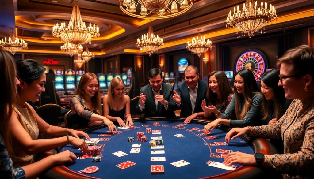 Mu88 casino players enjoying an exciting poker game with colorful chips and cards.