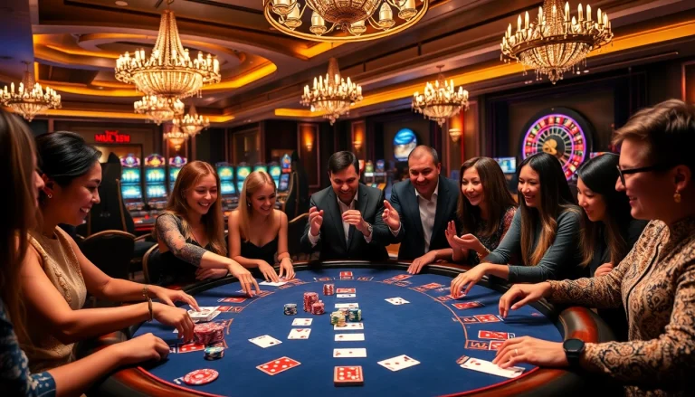 Mu88 casino players enjoying an exciting poker game with colorful chips and cards.