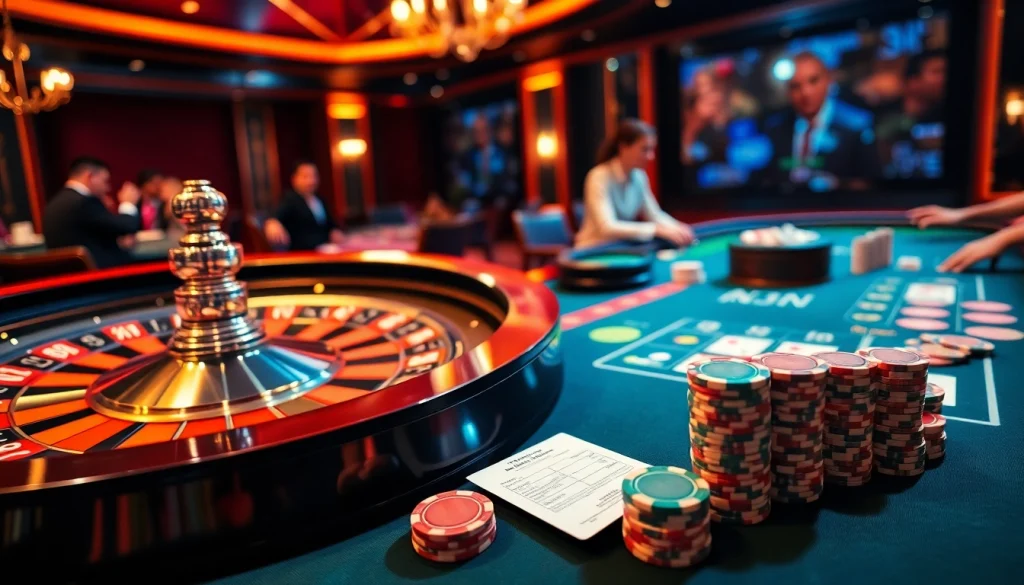Experience the thrill of online gambling at https://uu88joli.com/ with this lively casino scene featuring roulette and poker.