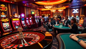 Experience the thrill of casino e2bet with vibrant slot machines and an elegant poker table.