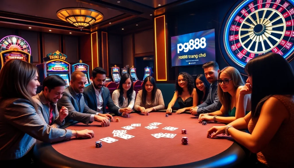 Exciting poker game at pg88 trang chủ with vibrant chips, cards, and roulette wheel.