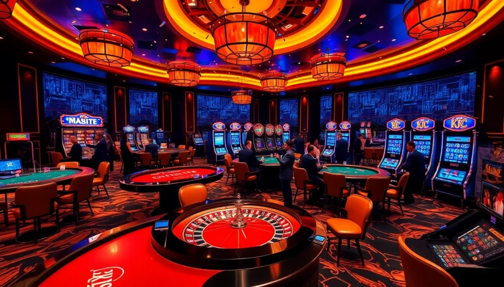 KJC casino gaming scene filled with excitement, featuring poker tables, roulette, and vibrant slot machines.