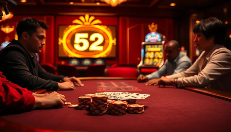 Players strategize in a high-stakes poker game at a luxury casino featuring the B52 theme.