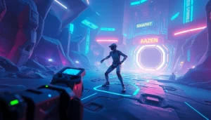 AI-enhanced game character showcasing advanced game AI in a futuristic virtual landscape.