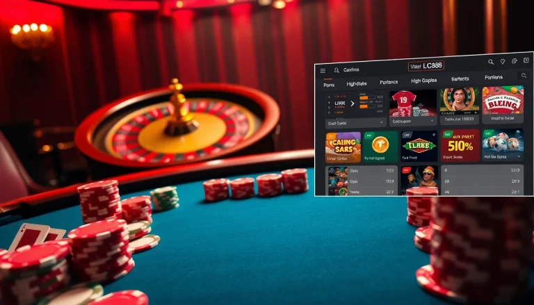 Engaging atmosphere of luxury gaming at LC88 casino, with vibrant poker table and roulette wheel.