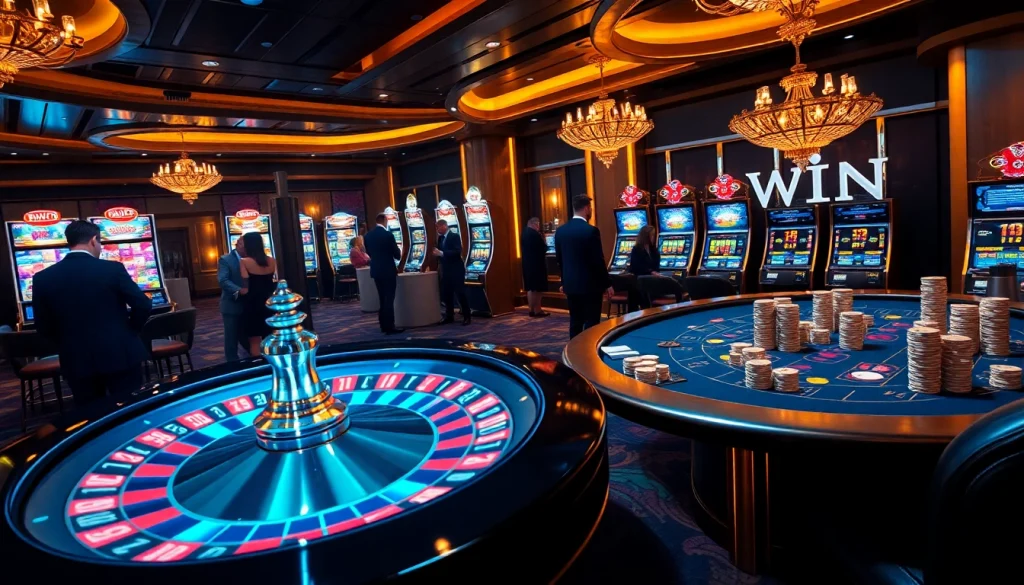 IWIN casino scene showcasing a vibrant roulette wheel, elegant players, and exciting slot machines