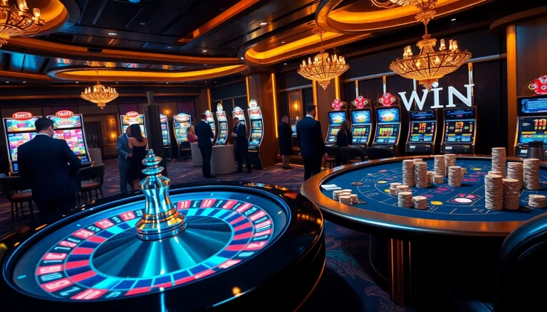 IWIN casino scene showcasing a vibrant roulette wheel, elegant players, and exciting slot machines