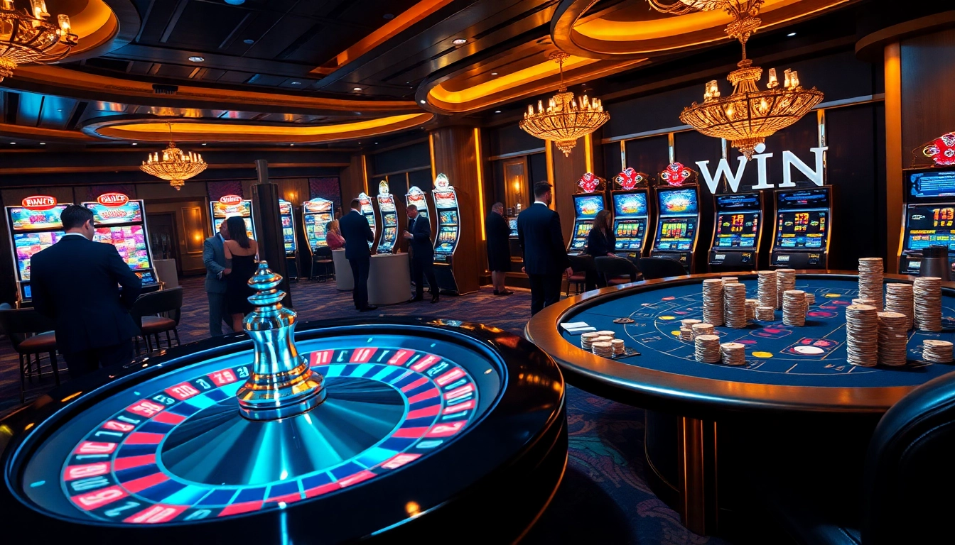 IWIN casino scene showcasing a vibrant roulette wheel, elegant players, and exciting slot machines