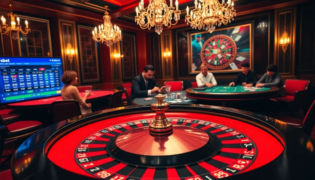 Exciting gambling scene showcasing vsbet with poker and roulette tables in a luxurious casino.