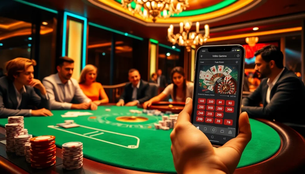 Players engaging at the luxurious casino table with poker chips at https://www.vvjl11.com/ in a vibrant atmosphere.
