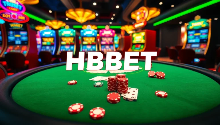 Players strategizing at a poker table with HBBET chips and vibrant casino elements.