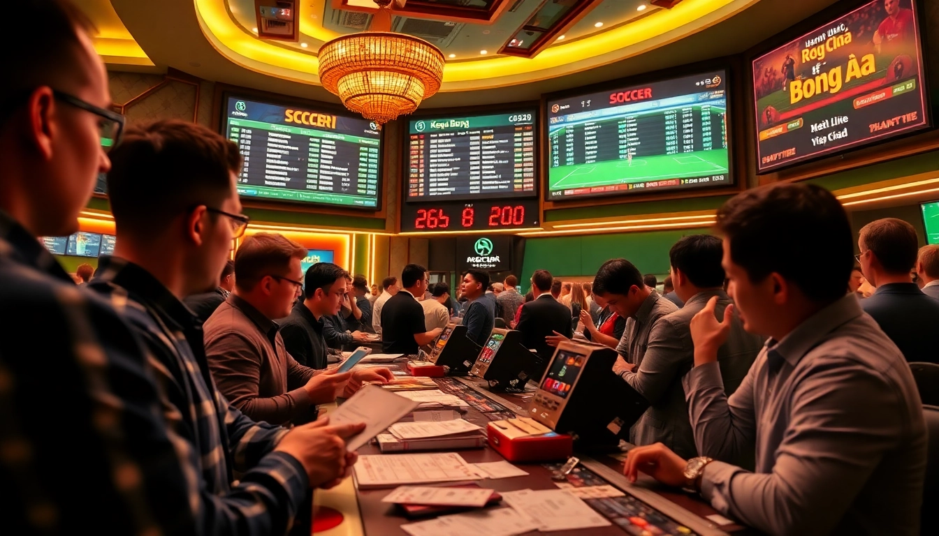 Kèo Bóng Đá betting slips and lively sportsbook scene showcasing excitement and professionalism.