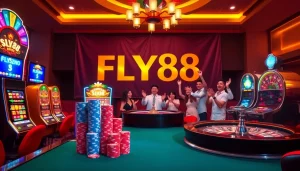 FLY88 players celebrating their wins at an upscale casino gaming table filled with colorful chips.