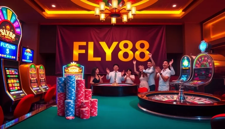 FLY88 players celebrating their wins at an upscale casino gaming table filled with colorful chips.