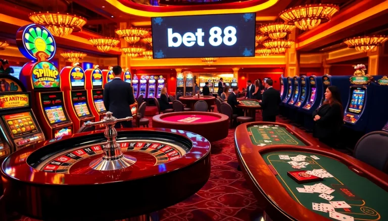 Experience the thrill of winning at Bet 88 in a luxurious casino setting with vibrant gaming activities.