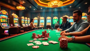 Engaging gaming scene at EM777 online casino, featuring tables, chips, and eager players.