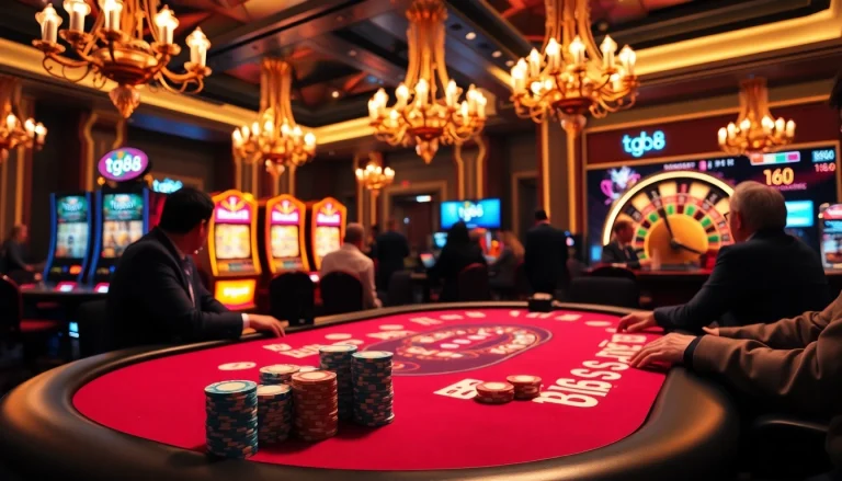 Experience the thrill of tg88 gambling with colorful poker chips and intense gameplay at a luxury casino.