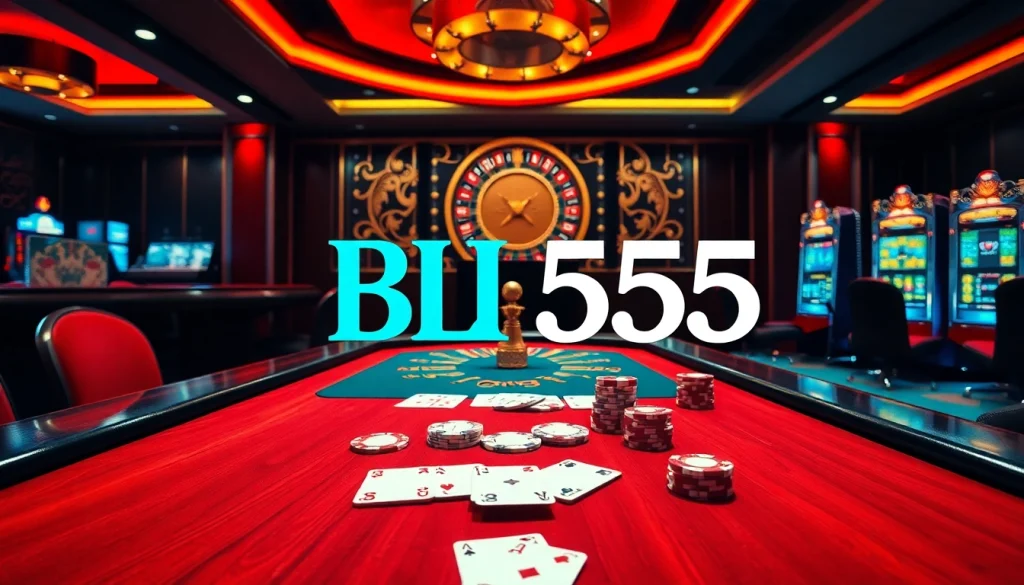 Exciting poker action at BL555 casino with luxurious tables and vibrant graphics.