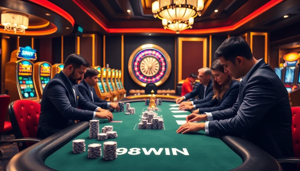 Players enjoying a thrilling game at the 98WIN poker table, with vibrant casino elements.
