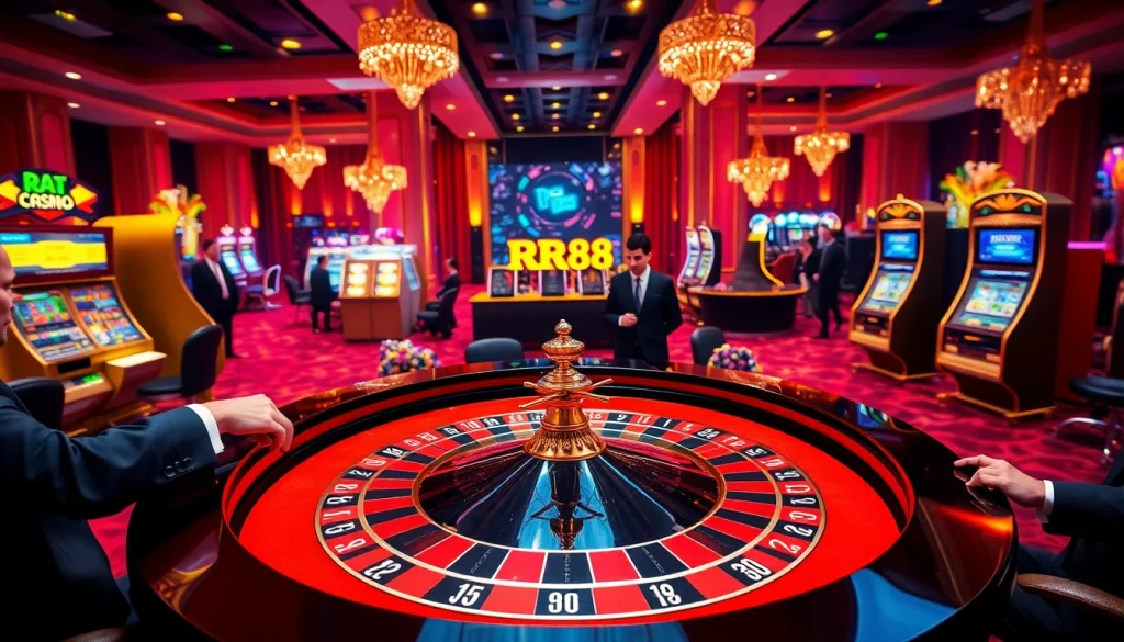 Experience the thrill of high-stakes gambling at RR88 casino with a luxurious roulette table and glamorous players.