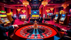 Experience the thrill of high-stakes gambling at RR88 casino with a luxurious roulette table and glamorous players.